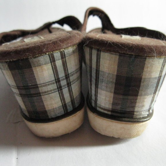 American Eagle Brown Plaid Button Wedge Sandals - Picture 3 of 9